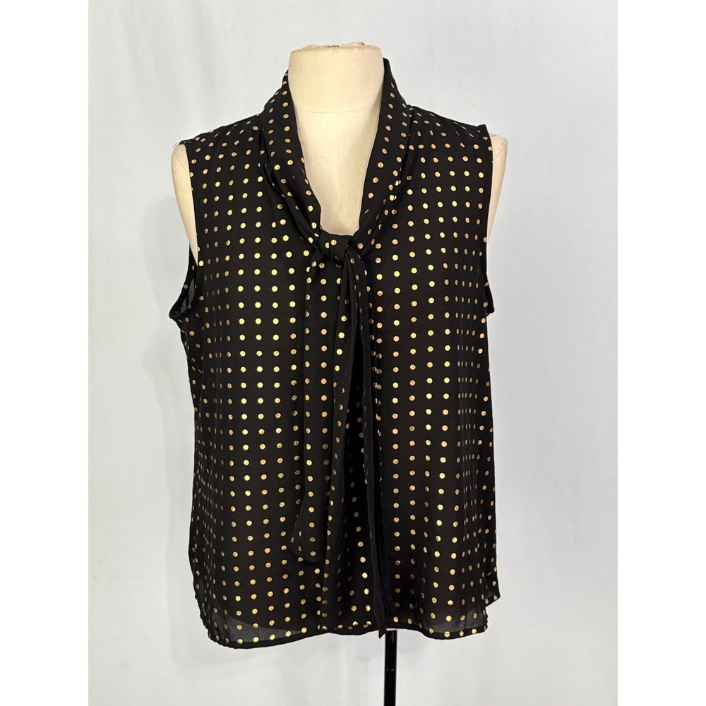 Anne Klein Womens Black Gold Polka Dot Tie Neck Sleeveless Blouse Top Shell, Med